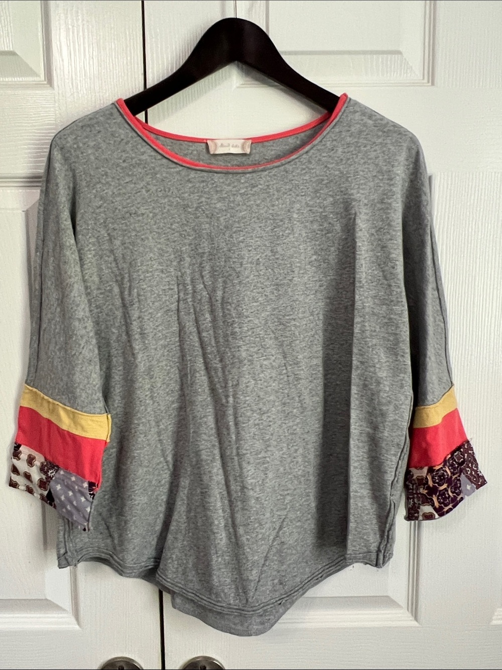 Altar'd State Grey Knit Top with Coral and Yellow Sleeve Bands